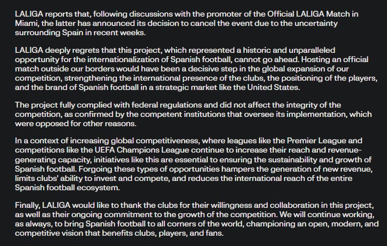 Barcelona vs Villarreal WILL NOT be played in Miami on December 20th!

"the decision has been made to cancel the event due to the uncertainty that has prevailed in Spain in recent weeks".