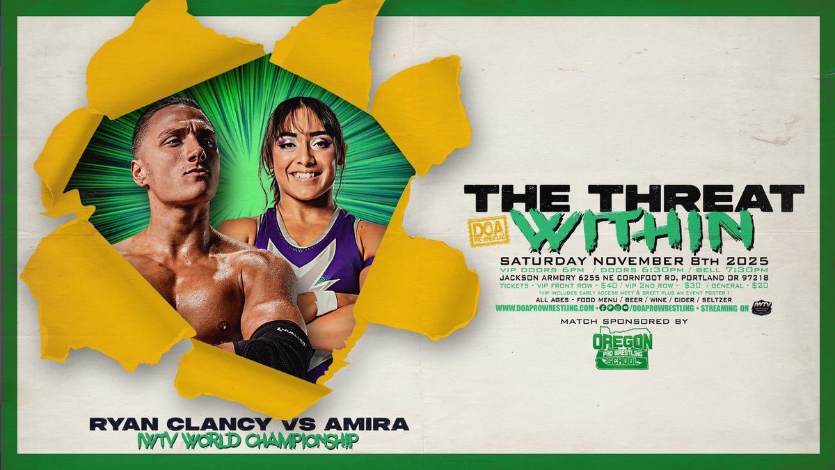 **BREAKING**

For the very first time in a DOA ring, the IWTV World Championship will be defended!

IWTV World Championship Match
“Fancy” Ryan Clancy (c) 🆚 AMIRA

THE THREAT WITHIN
🗓️Saturday, November 8th
📍Jackson Armory
📺 IWTV

🎟️doaprowrestling.com