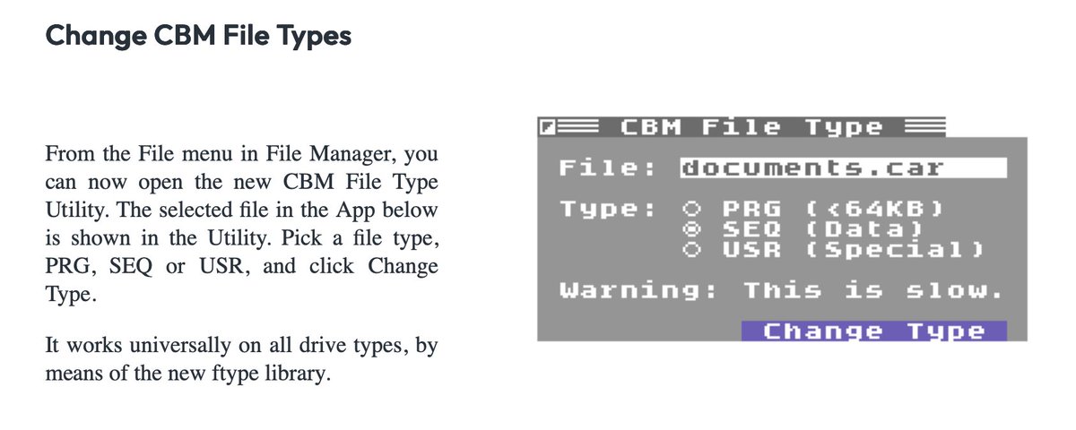 gregnacu's tweet image. In prepping some materials for an upcoming software release, I used this new feature in C64 OS v1.08. Files that should be type SEQ, created on a Mac, copied to an SD Card, showed up as PRG. From File Manager, popped this open, changed the type, bingo bango, worked great. #C64