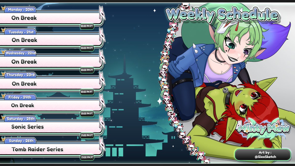 Its a will late but schedule day~! Ill be back this weekend talking about my experience at TwitchCon before some more Sonic and then Tomb raider on Sunday~ I hope to see all you starbits there~!! 

Much love~

#Vtuber #VtuberEN