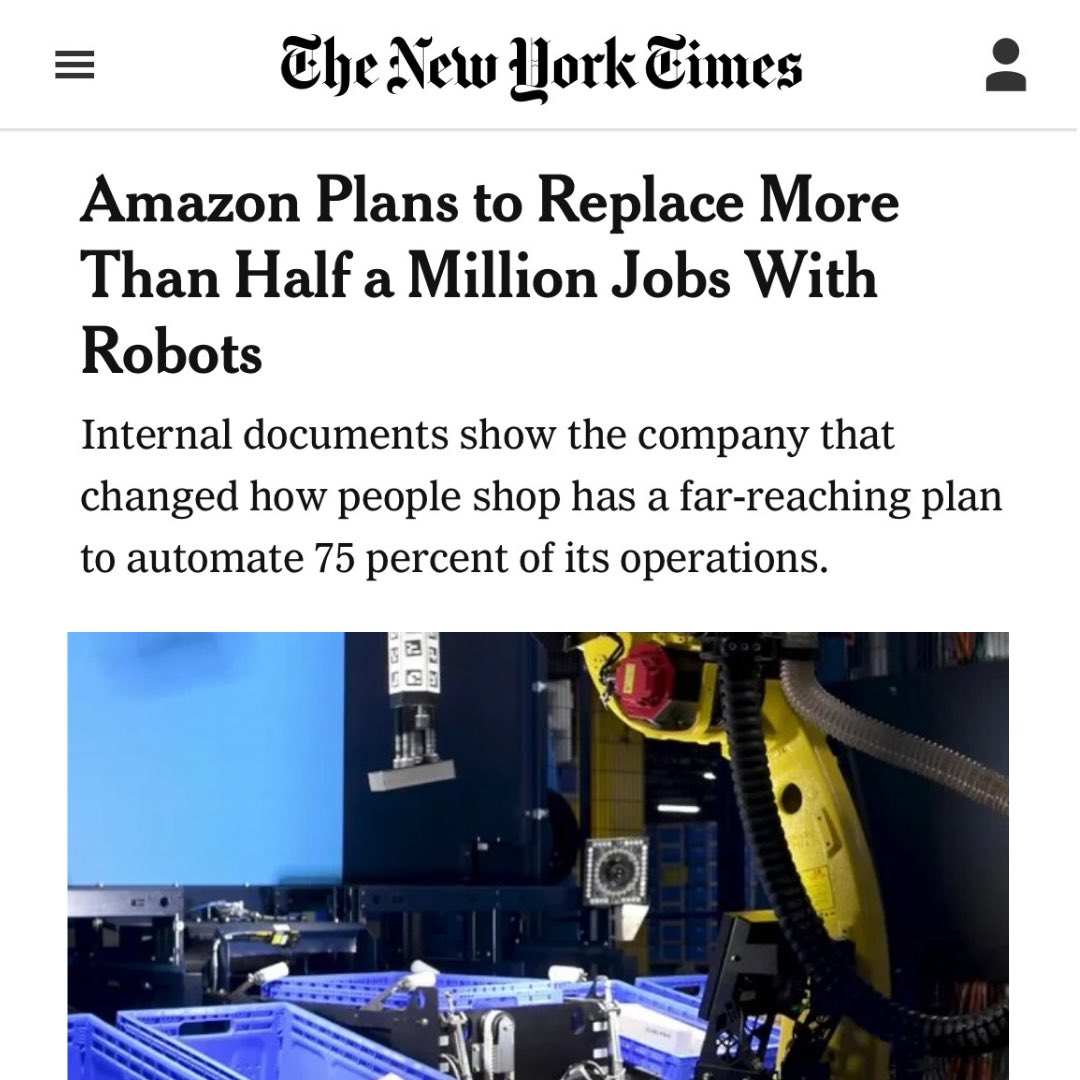 SenSanders's tweet image. Big Tech oligarchs are coming for your job.

Jeff Bezos will be replacing 600,000 jobs at Amazon with robots. His vision: fully automate operations.

Amazon&apos;s not alone. That&apos;s the direction of every major corporation.

AI &amp;amp; robotics must benefit workers, not the top 1%.