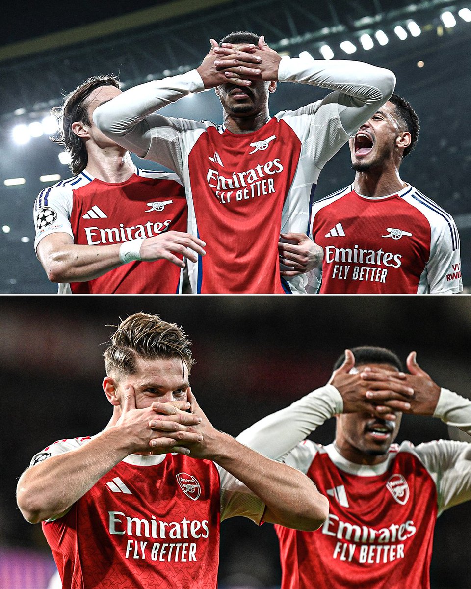 ESPNUK's tweet image. During Arsenal’s Champions League game vs. Viktor Gyökeres’ former club Sporting last season, Gabriel appeared to do a similar celebration to Gyökeres’ after scoring.
Today, they hit it together after they both scored in the same game ❤️