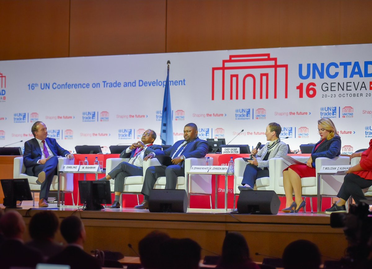 mfaftja's tweet photo. At the #UNCTAD XVI Ministerial Round Table on Reimagining Trade, Minister of Foreign Affairs and Foreign Trade, Senator the Honourable @kaminajmsith positioned Jamaica’s interests in expanding trade in services, which is central to the 2030 National Development Plan. 

The Foreign Minister also noted its role in driving export diversification, job creation, innovation and resilience for Jamaica and other Small Island Developing States (SIDS). She further outlined Jamaica’s efforts to strengthen its position in the global digital economy, highlighting the country’s progress in developing a digital services hub, backed by strategic investments in infrastructure, telecommunications, skills training and entrepreneurship support.

Minister Johnson Smith participated in the round table alongside representatives from Mozambique, Bangladesh, Kazakhstan and the UN Economic Commission for Europe, and exchanged views on shaping a global trade agenda with development and sustainable growth at its core.

The platform also allowed Jamaica to express appreciation of UNCTAD’s tailored support for SIDS and encouraged greater visibility of its successful programmes.  On that note, Minister Johnson Smith also expressed Jamaica’s readiness to deepen collaboration in areas such as e-trade, trade facilitation, sustainable infrastructure and climate adaptation.

#mfaftja