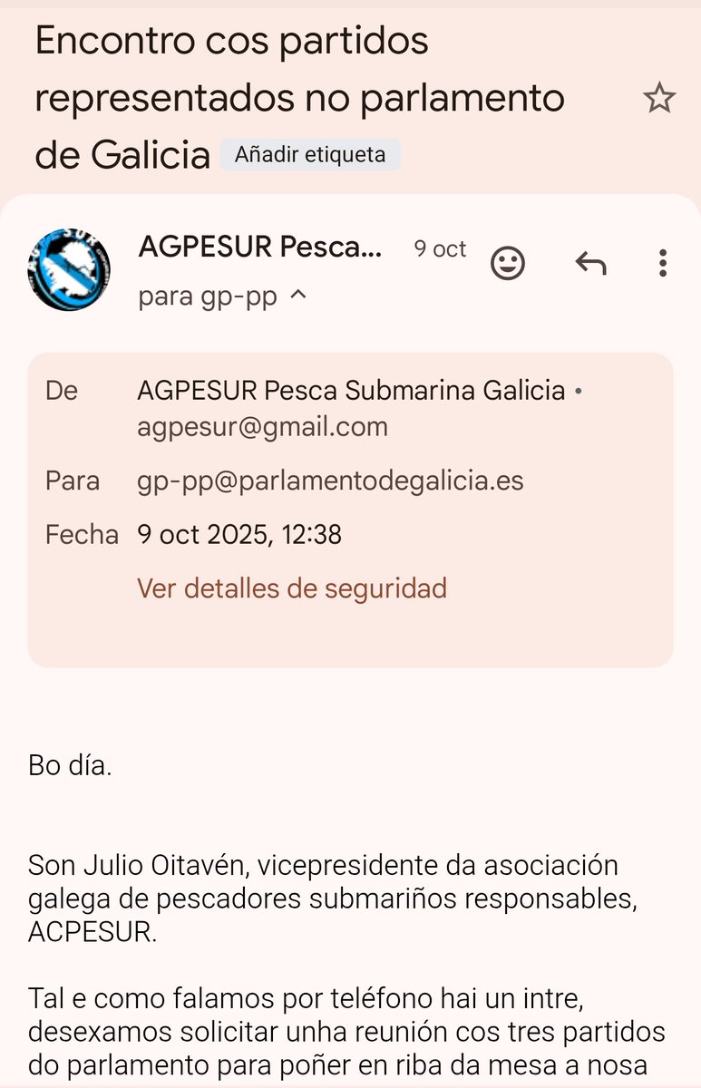 agpesur's tweet image. Solicitada unha reunión con parlamentarios do @ppdegalicia para poñer de relevo a situación da pesca submariña en Galicia, e as nosas reivindicacións para deixar de ser discriminados, seguimos agardando resposta..
@MartaVAgal @MarXunta @AlfonsoRuedaGal @Xunta @CostasKadis