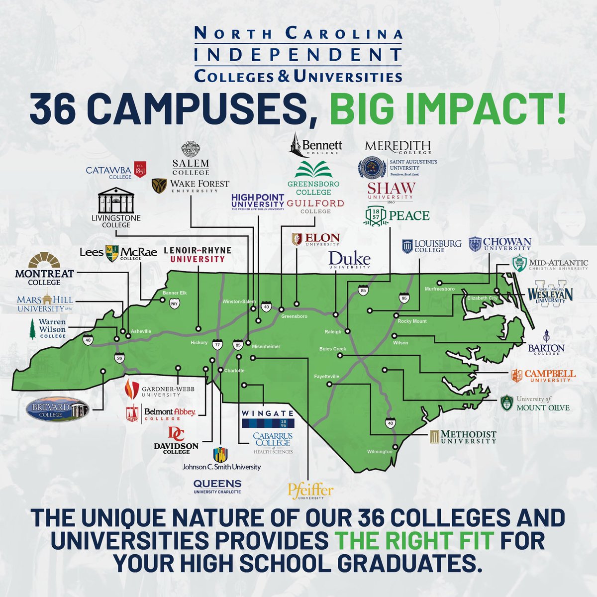 #NCICU’s 36 campuses award nearly 1 in 4 bachelor’s &amp; 1 in 3 graduate degrees in NC. Backed by $1.1B in institutional aid, we’re shaping #IndependentFutures — serving over 83K students from all 100 NC counties, other states, &amp; countries! 
Learn more: ncicu.org
•
•