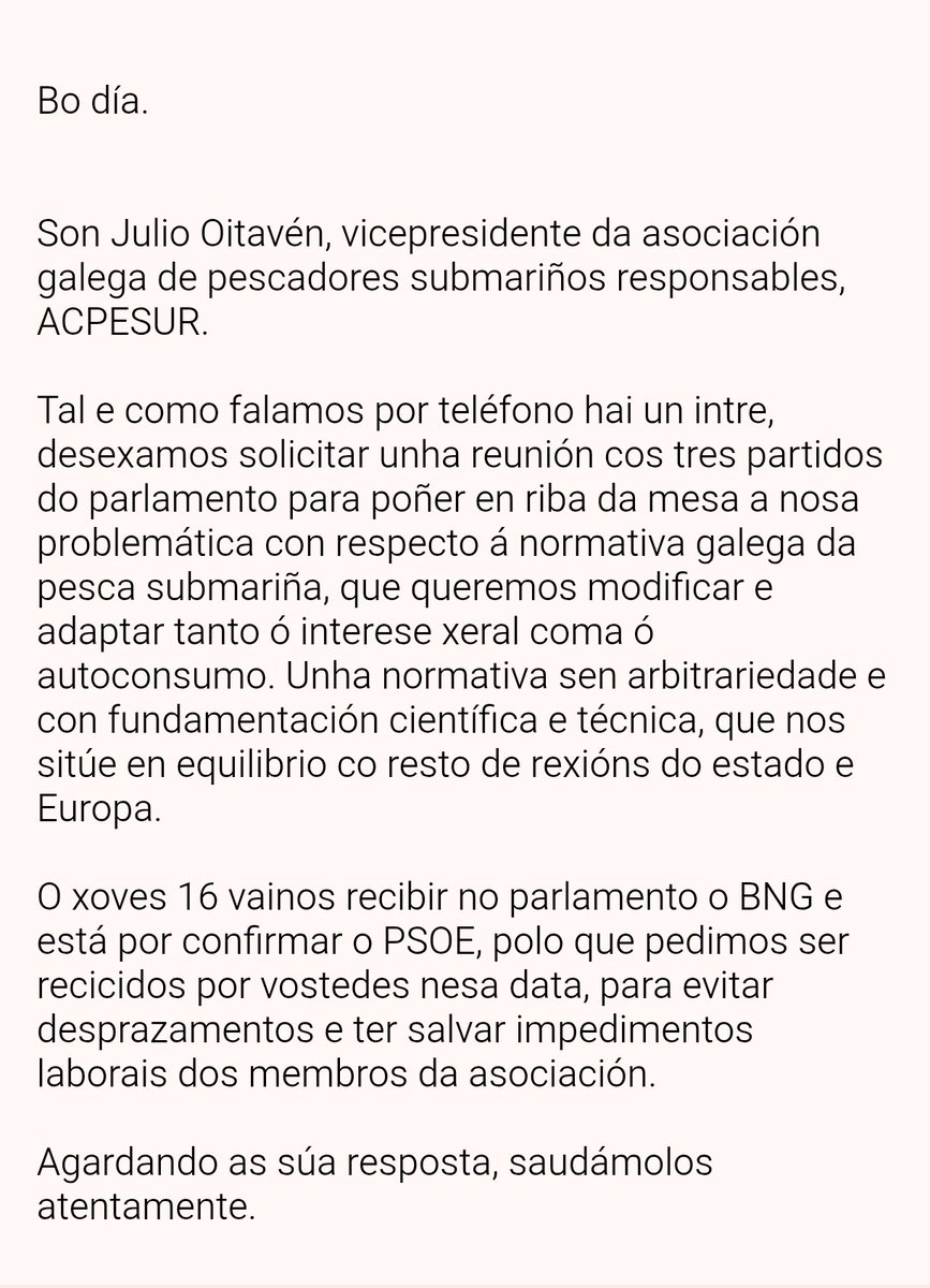 agpesur's tweet image. Solicitada unha reunión con parlamentarios do @ppdegalicia para poñer de relevo a situación da pesca submariña en Galicia, e as nosas reivindicacións para deixar de ser discriminados, seguimos agardando resposta..
@MartaVAgal @MarXunta @AlfonsoRuedaGal @Xunta @CostasKadis