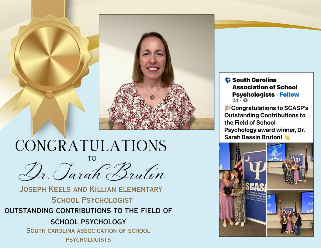 Congratulations to Dr. Sarah Bassin Bruton for being presented the Outstanding Contributions to the Field of School Psychology Award! We are so proud of you! @richlandtwo