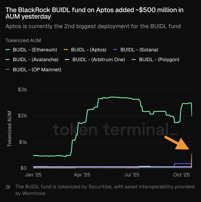 显示 BlackRock BUIDL 基金在各区块链上的代币化 AUM 的图表