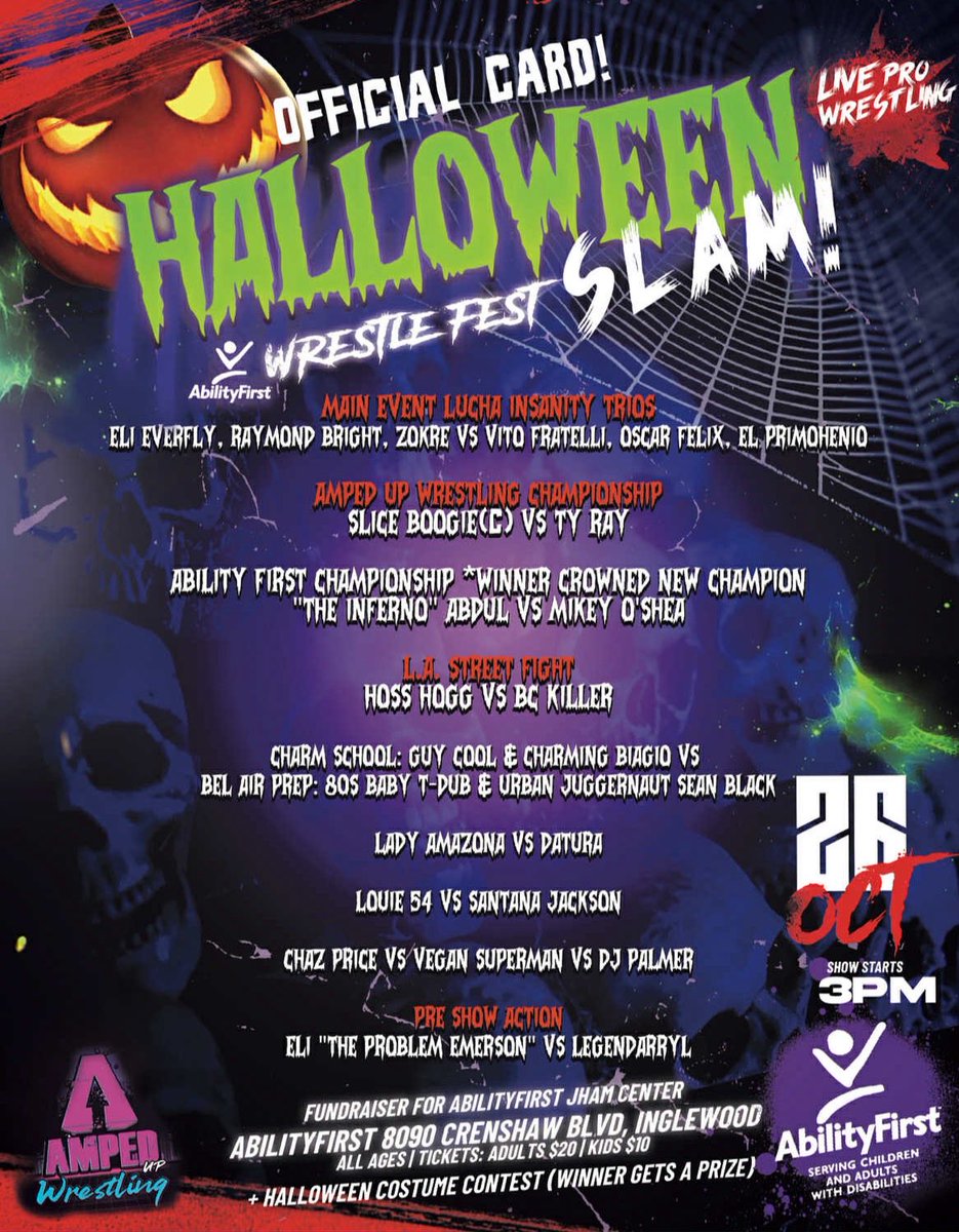 EliEverfly's tweet photo. This Sunday! Support @AmpedWrestling & AbilityFirst in Inglewood for some awesome wrestling / Lucha Libre! This is a fundraiser for AbilityFirst serving children and adults with disabilities. Check out the card and pull up 👋 #Abilityfirst https://t.co/Gm2PKO0TJB