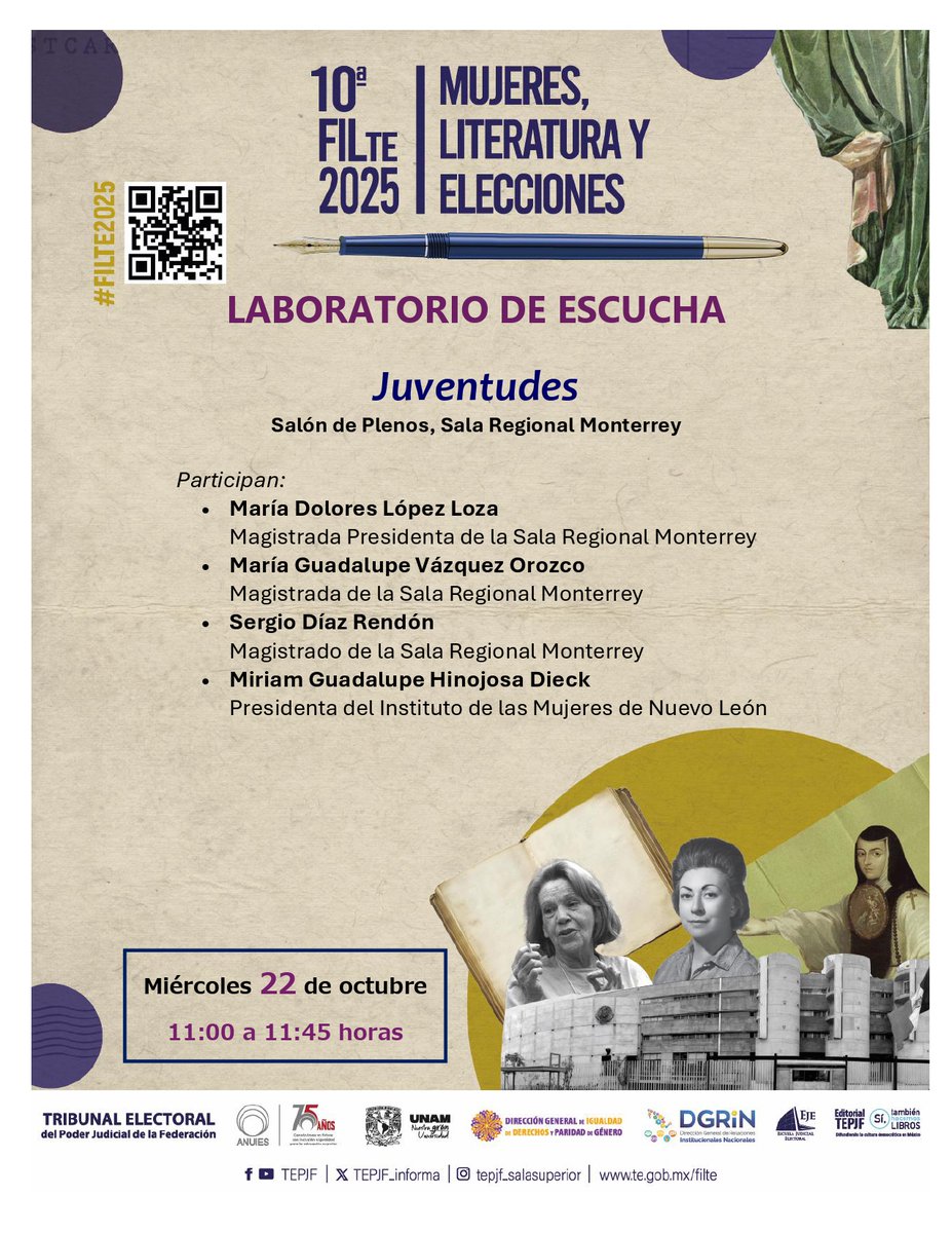 El 22, 23 y 24 de octubre te esperamos en la 10 edición de la Feria Internacional del Libro del Tribunal Electoral del Poder Judicial de la Federación. ¡No faltes! te.gob.mx/fil/ #FILTE #MujeresEscritoras
<a href="/UNAM_MX/">UNAM</a>
<a href="/LiteraturaUNAM/">Literatura y Fomento a la Lectura UNAM</a>
<a href="/ANUIES/">ANUIES</a>
#TEPJF
<a href="/TEPJF_MTY/">Sala Monterrey</a>