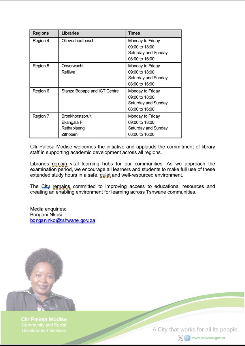 PalesaV_Modise's tweet photo. CITY OF TSHWANE ANNOUNCES EXTENDED STUDY HOURS AT SLECTED LIBRARIES.
#cityofTshwane https://t.co/1DPZJ3mKvq