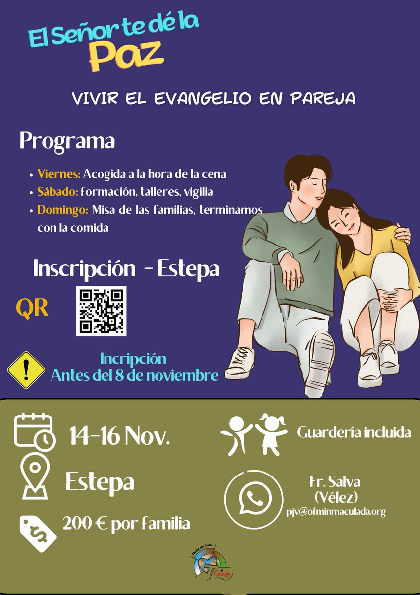 El equipo de PJ os propone el encuentro de novios y matrimonios jóvenes franciscanos en Estepa el fin de semana del 14-16 de noviembre de 2025. 

Aquí tienes el link para inscribirte: forms.gle/Dk6FvKieDpq3Nz…