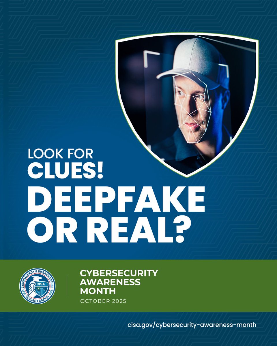 CSUDHIT's tweet image. 🎭 AI can mimic faces &amp;amp; voices — 🔍 but you can spot a deepfake: 
👁️  Stiff blinking   
🔊 Off voice   
💡  Weird lighting

🛑 Pause before you share. Check the source. 

#CybersecurityAwarenessMonth