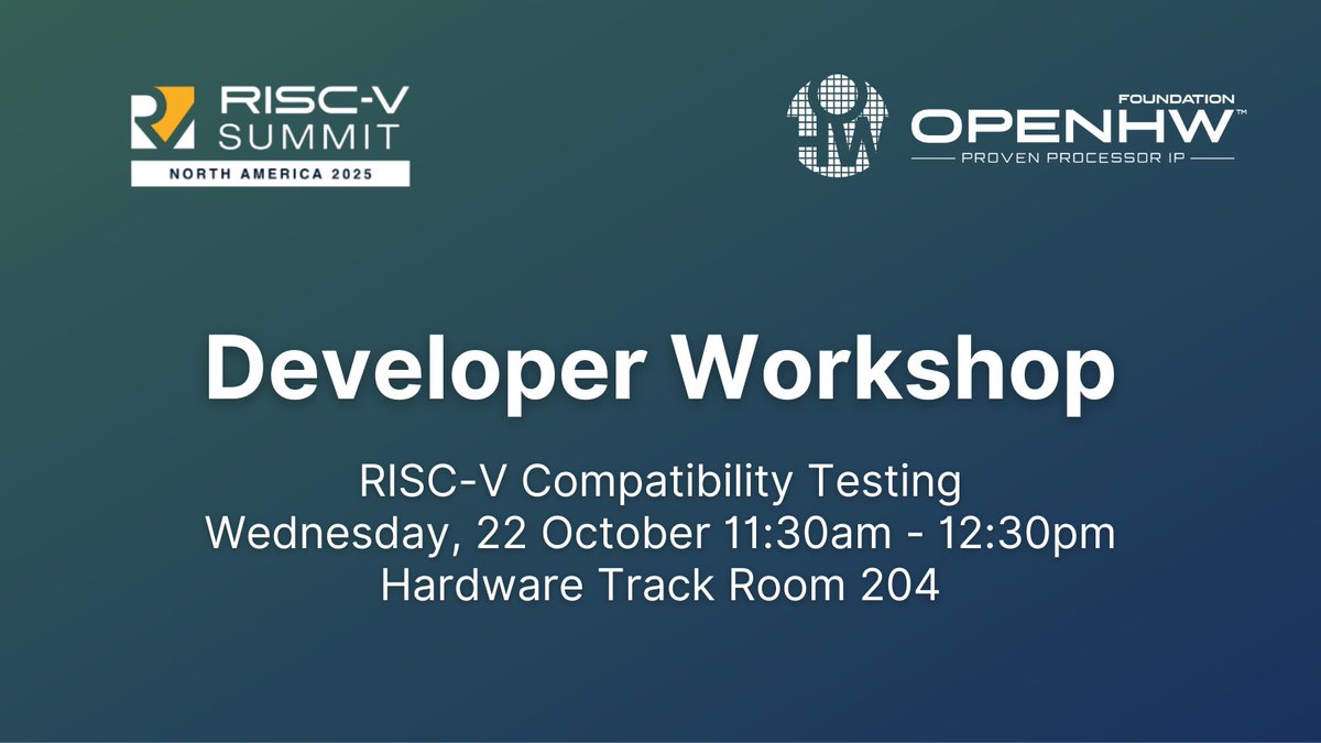 OpenHWFdn's tweet image. 📢 Happening tomorrow! 

Join the OpenHW Foundation and Harvey Mudd College from 10:30am to 12:30pm for a hands-on RISC-V Developer Workshop covering RISC-V Compatibility Testing.

Register now! hubs.la/Q03NKQ2D0 

#OpenHW #RISCV #RISCVSummit #developer