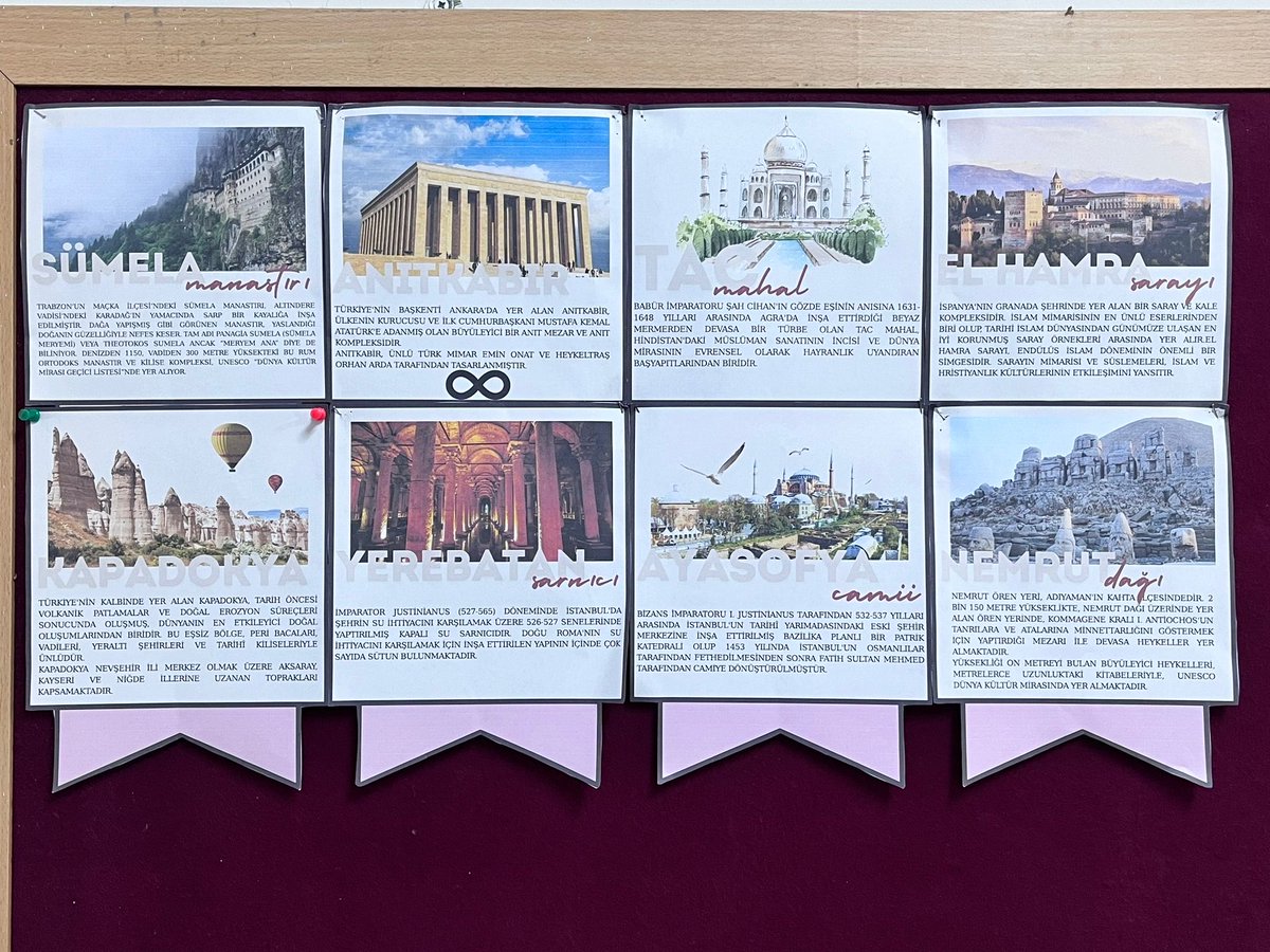 Mimari eserler projemizde her hafta tarihi eserler panosu yapıyoruz . Koridorlarımız tarihi eserler ile süsleniyor 😊