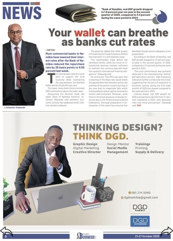 Dinholazo's tweet image. Truly grateful to be featured in @nambizreview 🙏🏾 Thank you for spotlighting @DGD_Namibia and the creative work we do! Thinking design? Think DGD. 💡✨ #graphicdesign #supply #delivery #training #printing