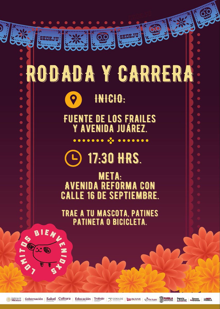 ¡Tradición y deporte en una noche única! 
Este 26 de octubre vive la #RodadaYCarrera “Camino Hacia el Mictlán” en colaboración con IMJUVE.
Participa en el concurso de disfraces y gana hasta $10,000.
Inscríbete donando víveres para la Sierra Norte.

#PorAmorAPuebla #PensarEnGrande