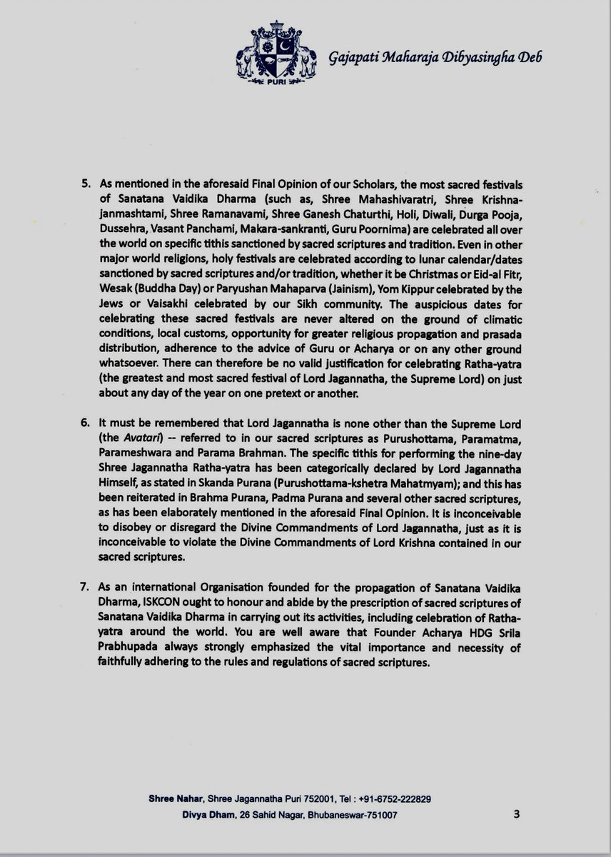 arvindpadhee's tweet image. Here is the letter from the Chairman of the Shree Jagannatha Temple Managing Committee, Gajapati Maharaja, addressed to the ISKCON Governing Body Commission, urging that the Ratha Jatra be celebrated “worldwide” strictly in accordance with the Tithis prescribed in ShreeMandira…