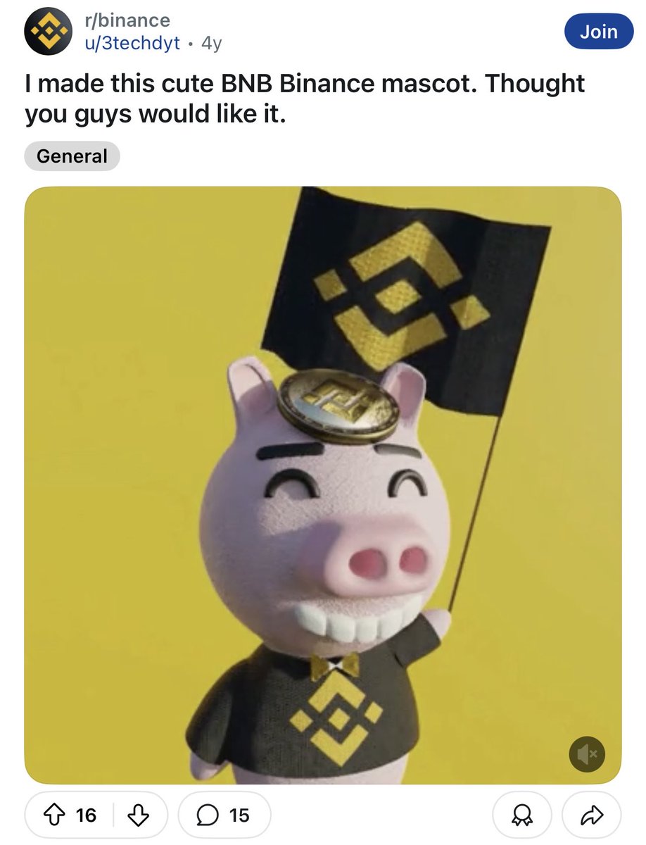 So you are telling me Binance Reddit account posed First Binance Mascot 4  years ago! 🤯 Reddit Link 🔗: https://t.co/gBfSMy86Ai Ca:  0x2f2f7a5d28c7ee931878538e161c405939be4444