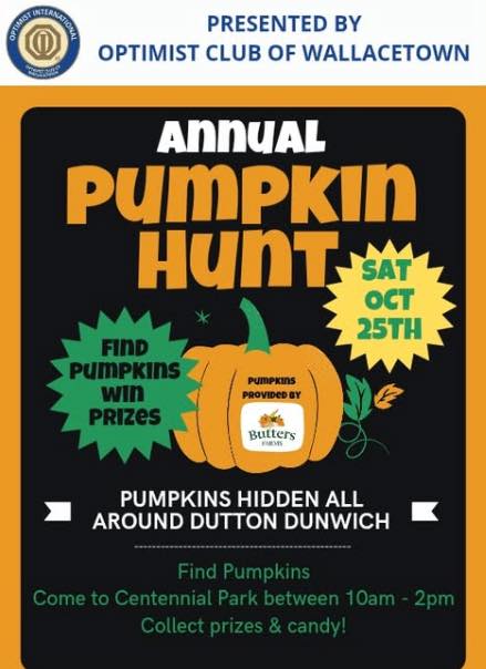 Pumpkins will be hidden all over the municipality in public spaces. Pumpkins will be numbered. Bring your pumpkin to Centennial Park between 10-2. Keep your eyes peeled for the GOLDEN PUMPKIN. Everyone will receive a treat bag and some will receive additional prizes.