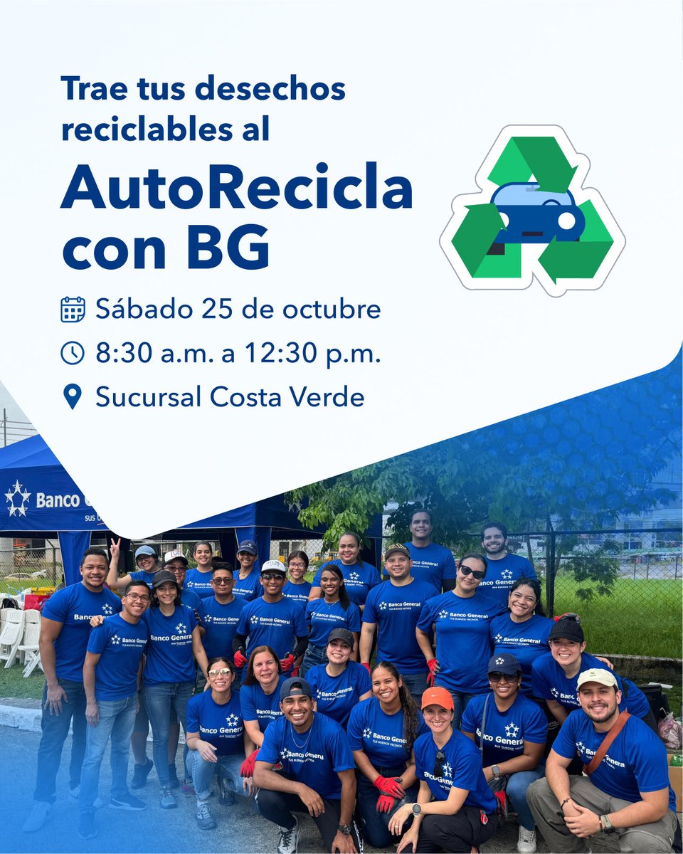 tvnpanama's tweet photo. Acompáñanos en una jornada de reciclaje sin bajarte del auto. 
Trae tus desechos limpios y sin restos de comida a la sucursal de Banco General en Costa Verde, ¡nosotros nos encargamos del resto! @bancogeneral https://t.co/YPefLKxHF0
