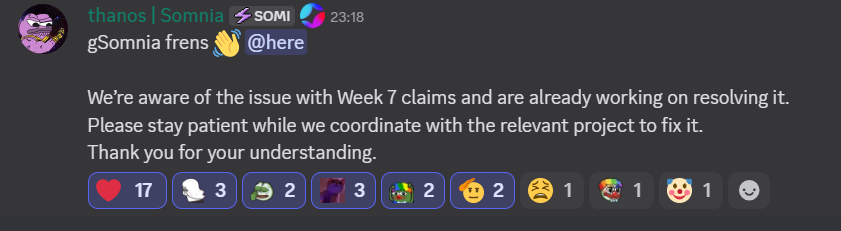 Vanvan268's tweet image. Some players are currently able to claim only 85% of their Week 7 rewards.
@Somnia_Network 
The Somnia team is aware of the issue and is working swiftly to resolve it.

Thank you all for your patience and for continuing the journey with Odyssey 💜
#SomniaCreator