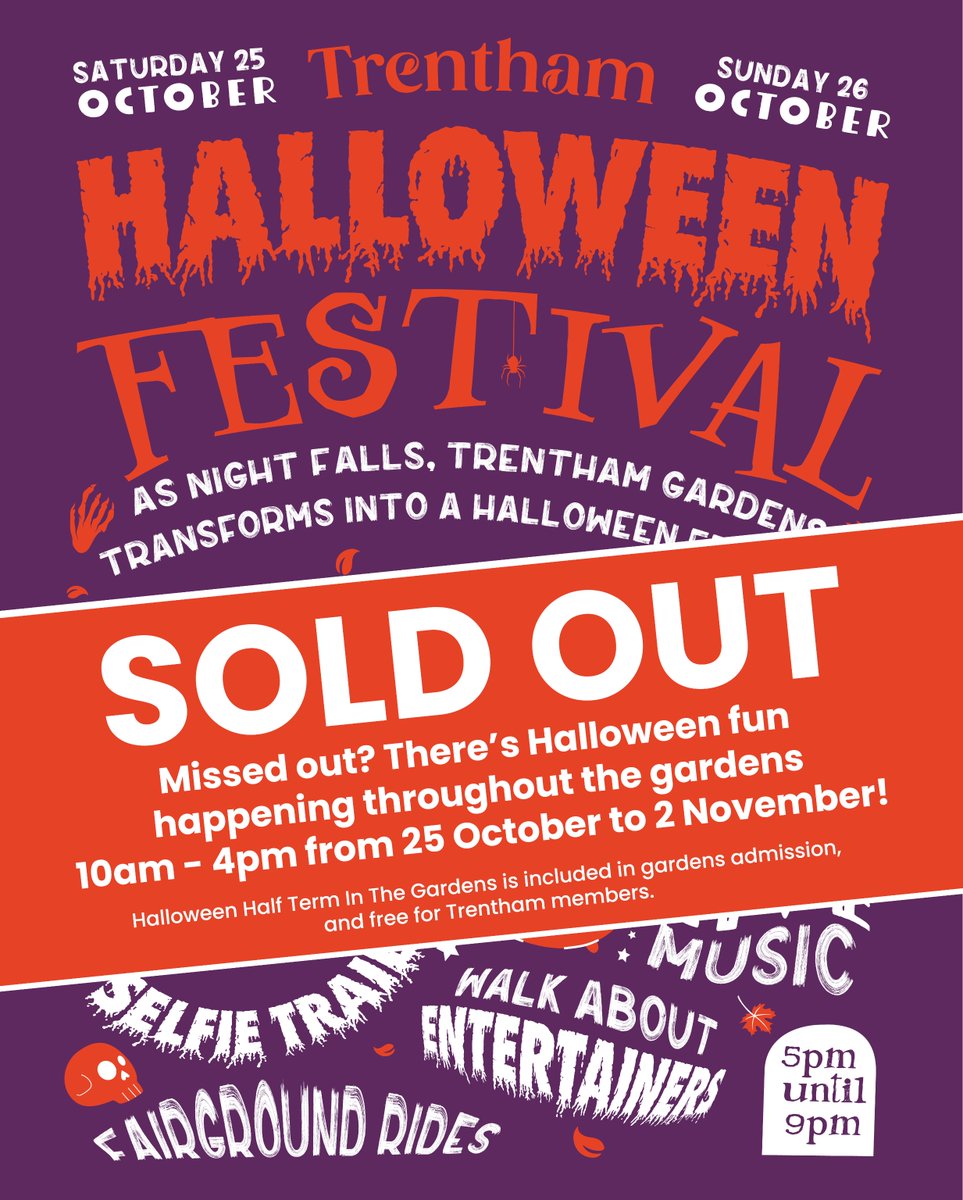 TrenthamEstate's tweet image. HALLOWEEN FESTIVAL AT TRENTHAM IS NOW SOLD OUT! 👻🎃
But don’t worry – the spooky fun has only just begun...

Every day this October half term, 10am–4pm, join us for Halloween Half Term in the Gardens!
Book in advance to save 👉 trentham.co.uk/events/hallowe…