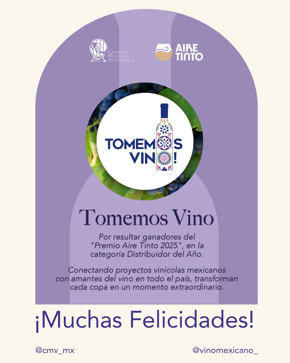 Felicitamos a Tomemos Vino por recibir el Premio Aire Tinto 2025 en la categoría Distribuidor del Año.

Su labor acercando el vino mexicano a más personas demuestra que cada copa puede ser una experiencia extraordinaria. 🍷