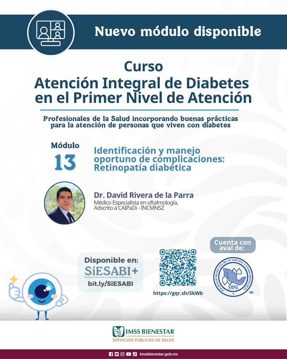💙¡Nuevo módulo disponible esta semana!

🎓 Módulo 13: Identificación y manejo oportuno de complicaciones: Retinopatía diabética
Ya disponible 

📚Inscríbete aquí  gqr.sh/SkWb