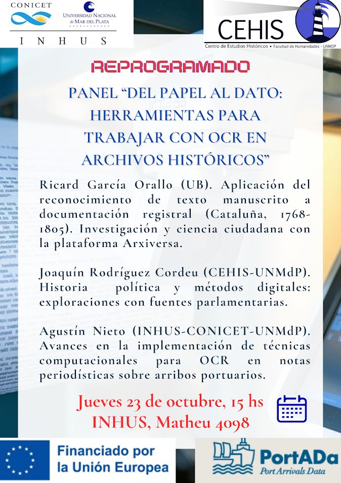 La presentación del panel sobre herramientas de OCR con documentos históricos fue reprogramada para el día jueves 23/10 a las 15hs. en la sede del INHUS (Matheu 4098). Les esperamos!