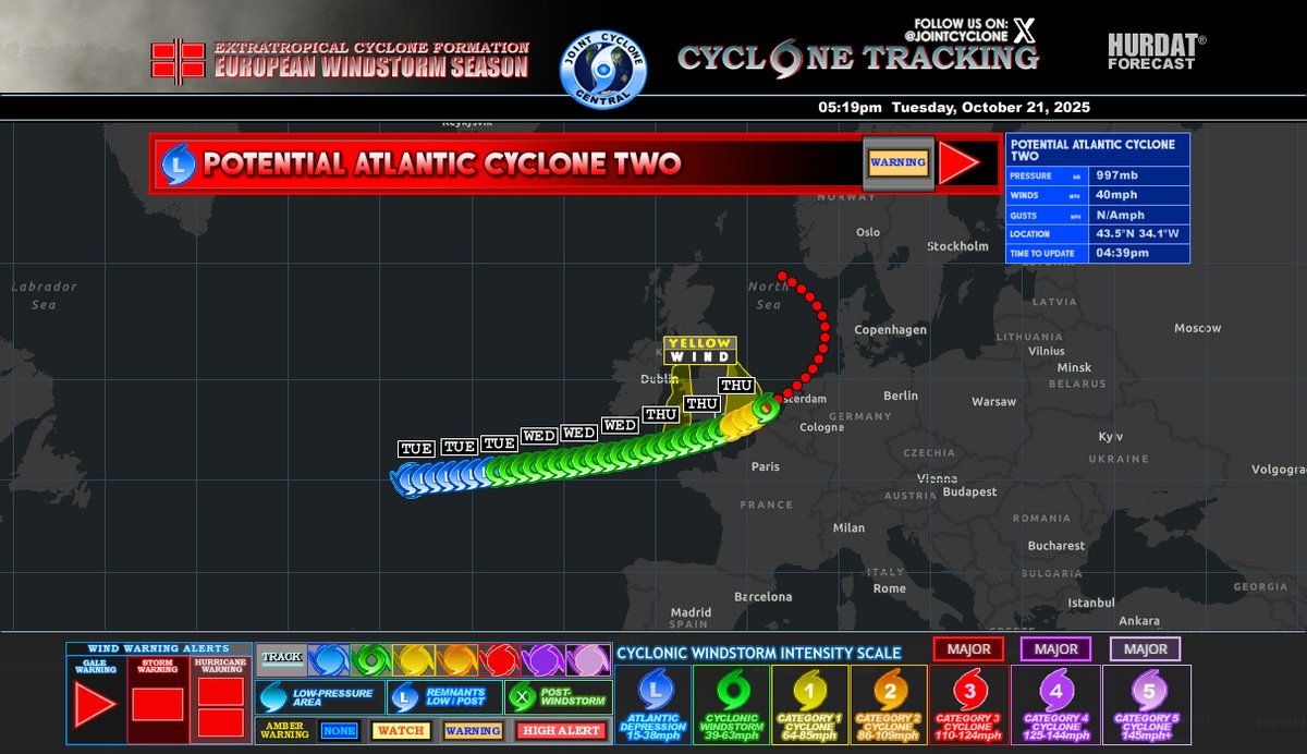 Potential Atlantic Cyclone Two Advisory 1
Winds: 40mph
CWSIS: LP
MSLP: 997mb
Strong winds could bring some damage across Eastern England on Thursday...