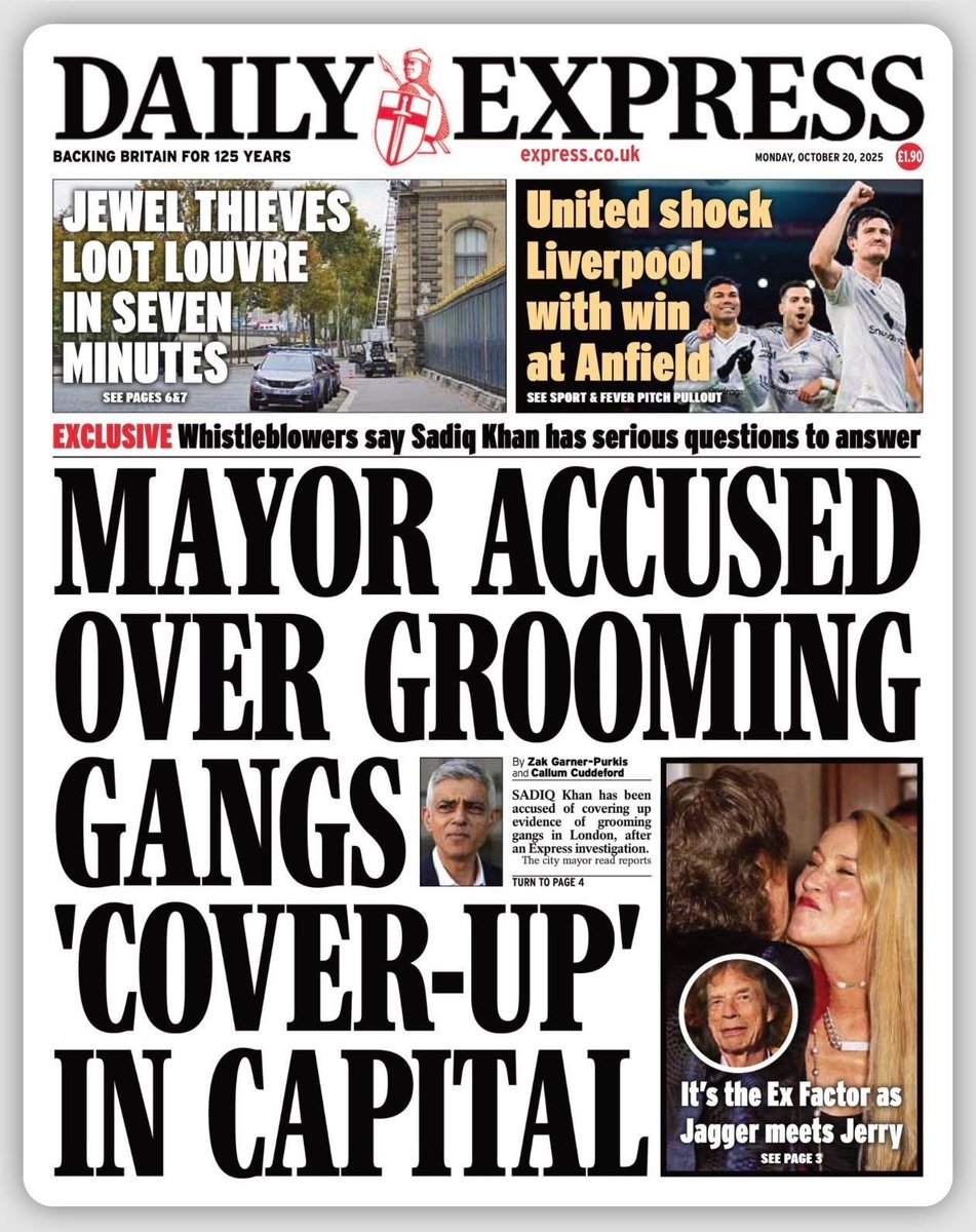 Pleuris gaat uitbreken in Engeland, voor zover dat al niet zo was. Daily Express heeft bewijs dat Sadiq Khan, burgemeester Londen, actief meewerkte aan doofpot voor grooming gangs in Londen. Als dit klopt is zijn positie onhoudbaar en wordt het ook voor Keir Starmer lastig. #khan