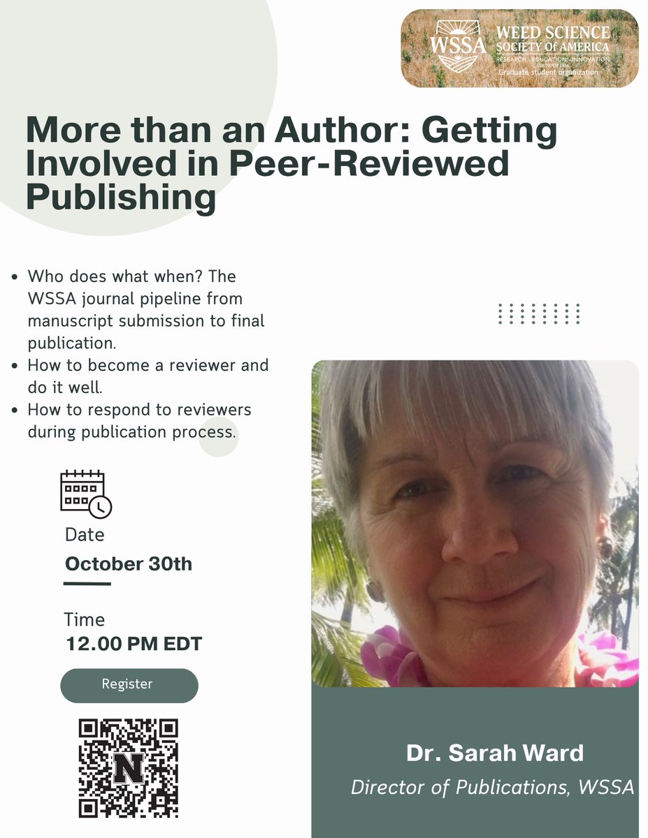 WSSA | GSO (@wssa_gso) on Twitter photo Join WSSA GSO for “More than an Author: Getting Involved in Peer-Reviewed Publishing.” Webinar by Dr. Sarah Ward.
Register by Monday, October 27! forms.gle/qWA6Z1eKob4tLx… Join WSSA GSO for “More than an Author: Getting Involved in Peer-Reviewed Publishing.” Webinar by Dr. Sarah Ward.
Register by Monday, October 27! forms.gle/qWA6Z1eKob4tLx…