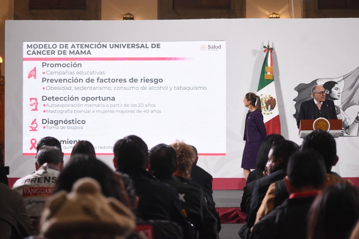 En la #MañaneraDelPueblo, el secretario de Salud, David Kershenobich, presentó el modelo universal de atención de cáncer de mama en México, el cual contempla cinco estrategias fundamentales:

🩺 Promoción
🍎 Prevención de factores de riesgo
🎗️ Detección oportuna
🔬 Diagnóstico
💊