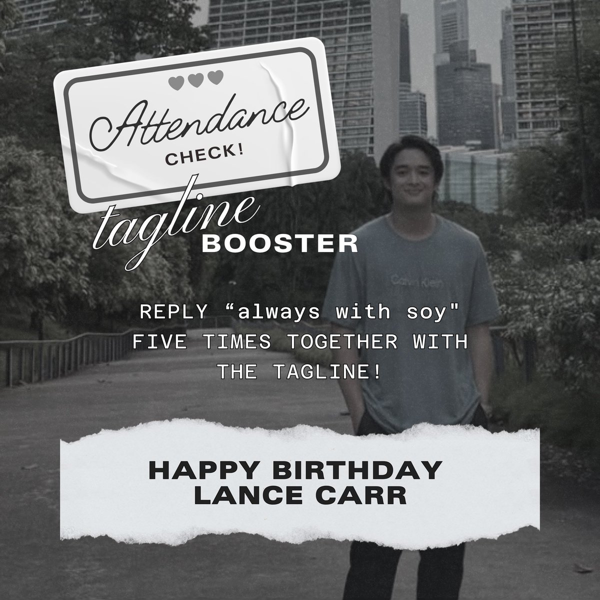 Tag Booster Two .ᐟ

Reply to as many as you can along with our official tagline. Don’t forget to repost.

HAPPY BIRTHDAY LANCE CARR

#LanceTurns25
#LanceCarr