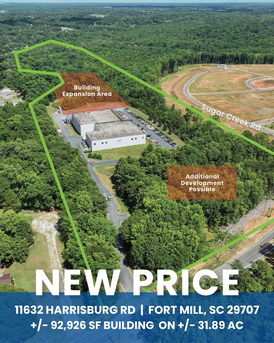 Now offered at $125/SF! 11632 Harrisburg Rd: +/-92,926 SF office/flex/warehouse on +/-31.89 acres in Fort Mill, SC. Just 2 miles from I-485 &amp; I-77 in a prime industrial market.

Click here for the full listing and details: loopnet.com/Listing/11632-…