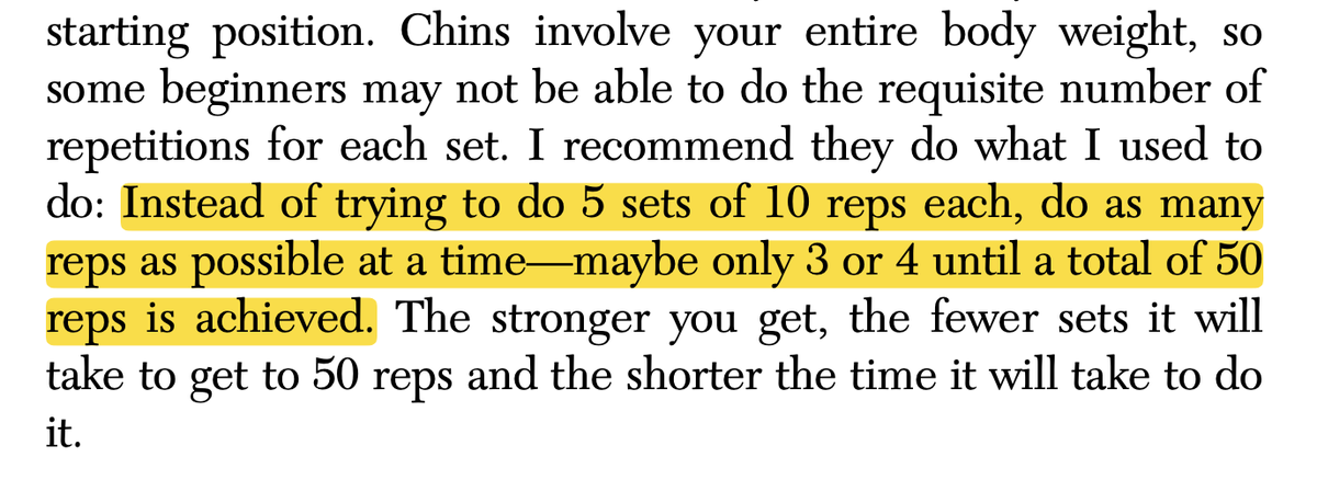 JoshSchlottman's tweet image. Pick a total amount of pull-ups "e.g. 50" and do what you can (even if only a few at time) until you get to that amount.
Learned this from Arnold's "Encyclopedia of Modern Bodybuilding" book back in the day as a skinny teenager trying to pack on muscle. It works