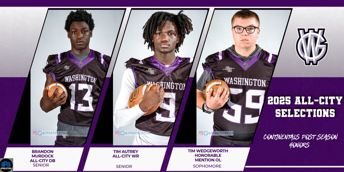 Continentals_FB's tweet image. Congratulations to the Continentals' 2025 All-City Football Team selections! 🏈 

Brandon Murdock (DB, Sr.)
Tim Autrey (WR, Sr.)
Tim Wedgeworth Jr. ( Honorable Mention OL, So).

 Well earned! #AllCity #ContinentalsFootball