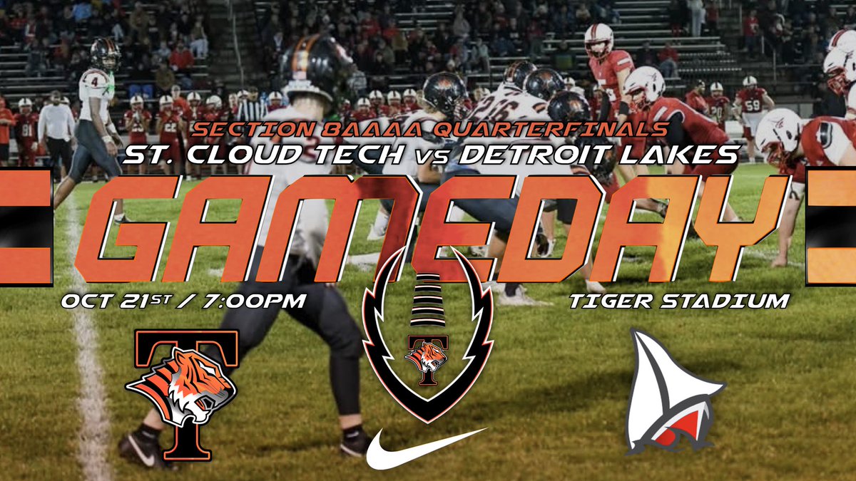techtigerfb's tweet image. 🏈🏈 GAMEDAY 🏈🏈

Tech vs Detroit Lakes
Section 8AAAA Playoffs

Tiger Stadium

7:00 PM Kick-Off

Tickets: gofan.co/app/school/MN1…

Livestream: fan.hudl.com/usa/mn/st-clou…

Program: drive.google.com/file/d/1ignvYv…

Go Tigers! #efforthabit #tradition @ISD742 @tech_activities