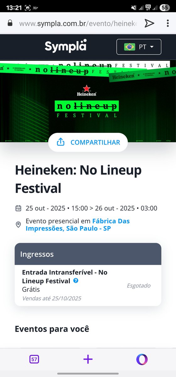 InterTcg's tweet photo. Parabéns @heinekenbr, depois de um fracasso após o outro, baixar apps falhos, por fim enfrentar fila com zero critérios bem definidos, finalmente acessei o Sympla para encontrar ingressos esgotados. Se queriam criar uma experiência ruim e associar com a marca, vocês conseguiram. https://t.co/ltYFlFb61K