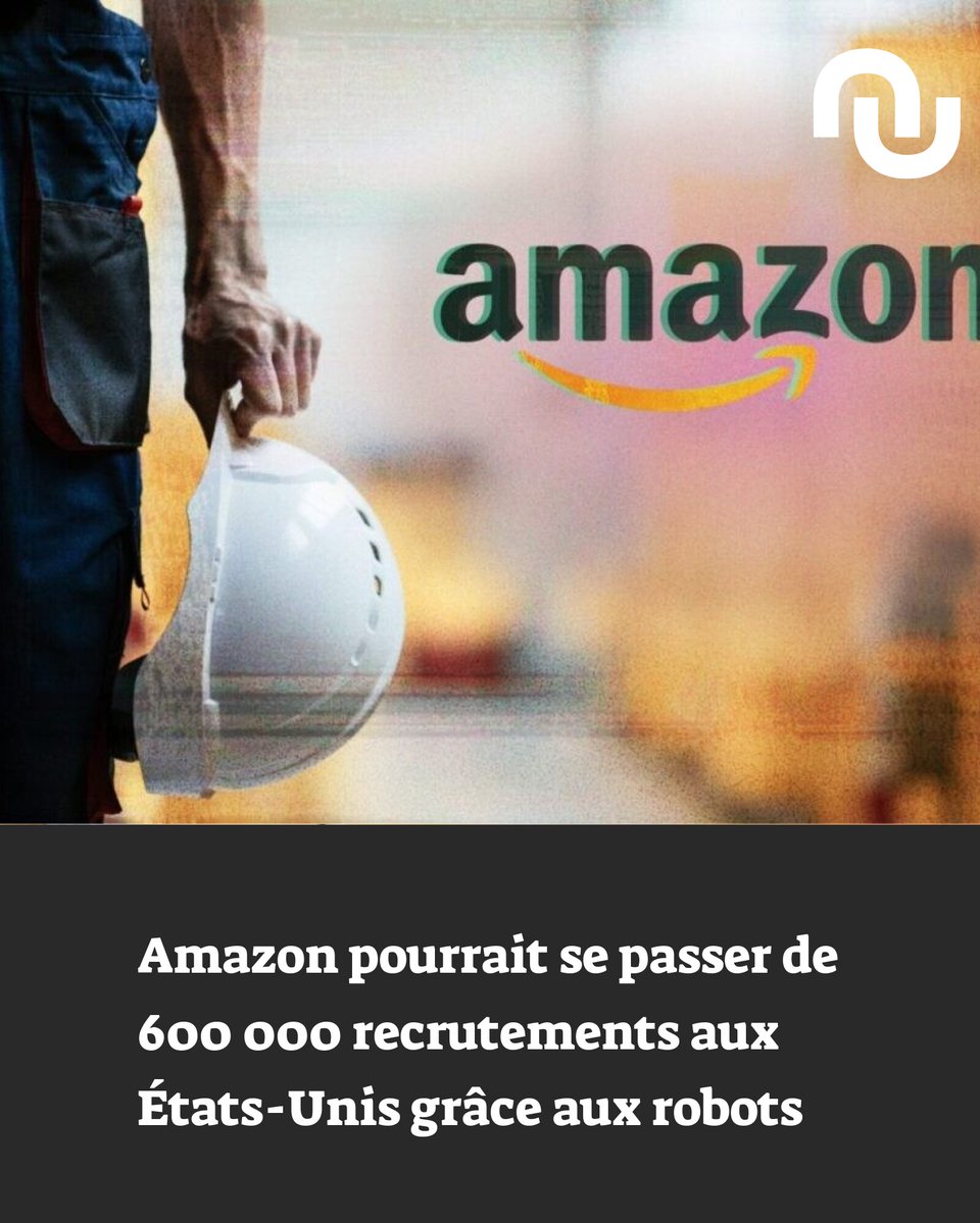 Numerama's tweet image. D’après le New York Times, l’entreprise de Jeff Bezos pourrait se passer de 600 000 recrutements aux États-Unis d’ici à 2033 grâce à ses robots.