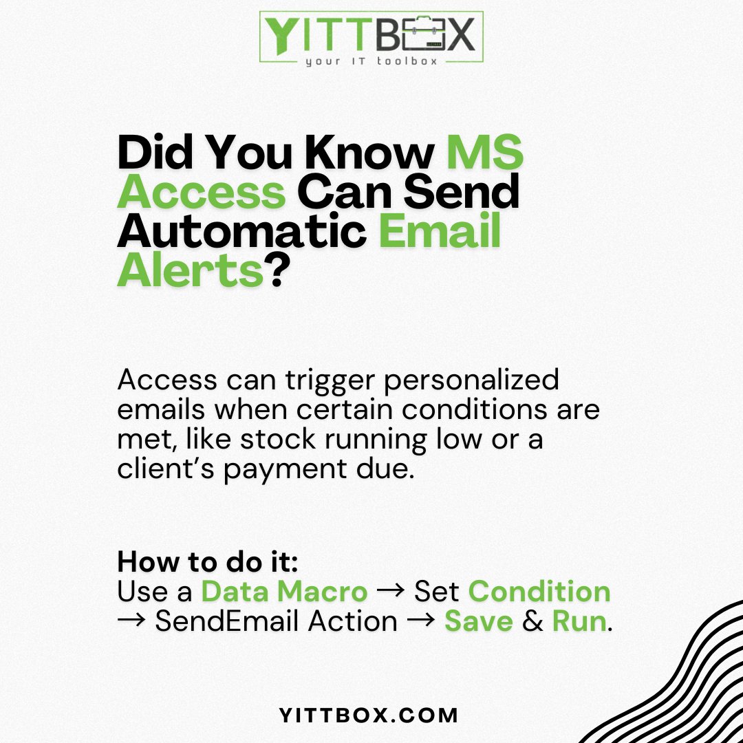 yittbox's tweet image. 🚨 Automate Smart, Work Less! 💻
No more manual follow-ups, Access keeps you informed in real-time.

#MicrosoftAccess #DatabaseSolutions #BusinessAutomation #DigitalTransformation #WorkflowOptimization #MSAccessTips #OfficeProductivity #DataManagement #AutomationStrategy