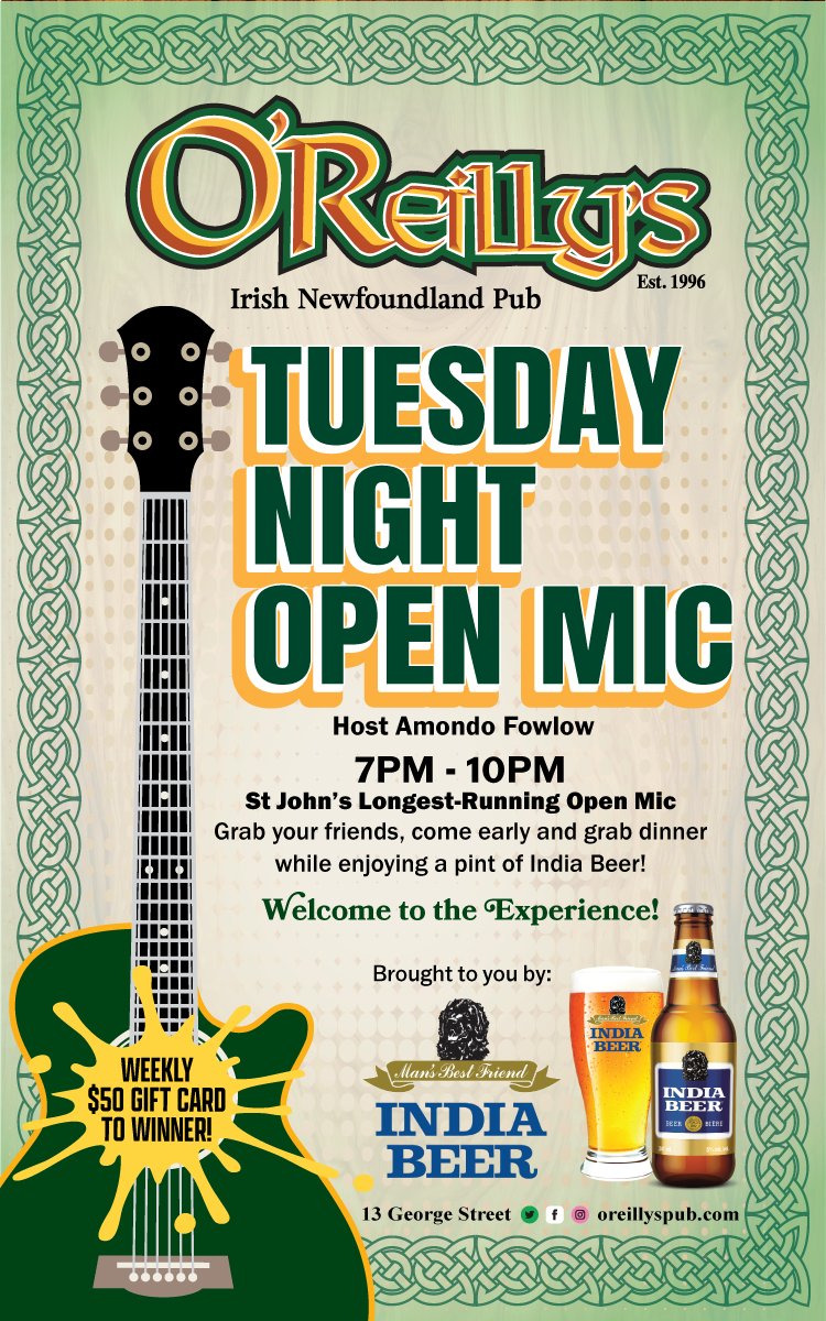 🎤 Tuesday Night Open Mic at O'Reilly’s!
#OpenMicNL #IndiaBeerNL #MolsonCoors_NL #OReillysPub #LiveMusicNL #GeorgeStreet #SupportLocalTalent #LoveDowntownStJohns