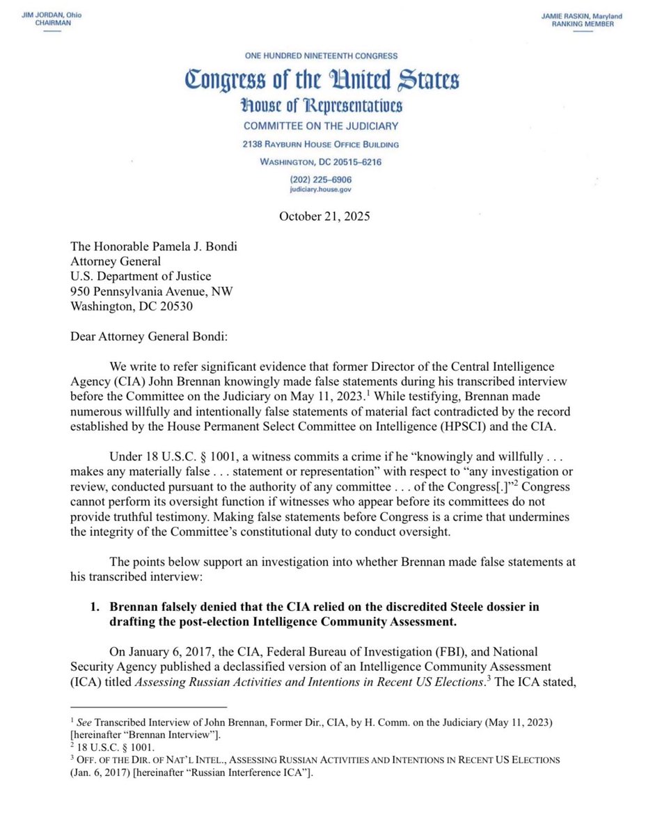 John Brennan lied to Congress. 

Today, we referred him to the Department of Justice for criminal prosecution. 

Read the full referral here: judiciary.house.gov/sites/evo-subs…
