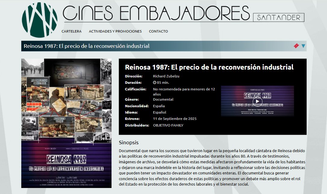 💥¡6 semanas en cartelera!
Hoy a las 22:20h en los Cines Embajadores (Santander), nueva oportunidad de ver
🎬 “Reinosa 1987: El precio de la reconversión industrial”
Porque la emoción, la memoria y la lucha obrera siguen vivas 💥
🎟️ Entradas 👉 reservaentradas.com/entrada/santan…