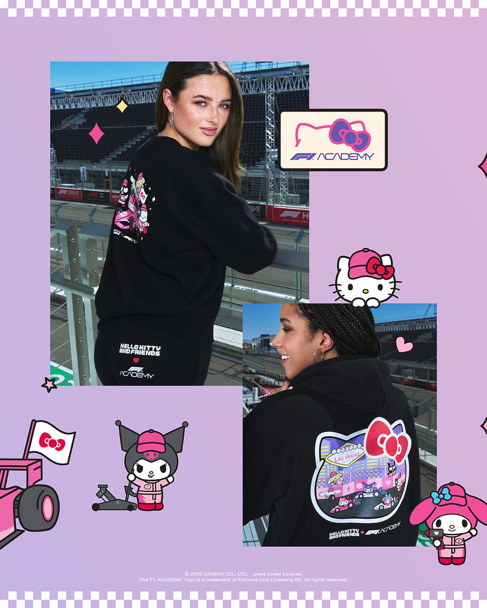 sanrio's tweet photo. Speed meets supercute style 🏎️💖 The Hello Kitty and Friends x @f1academy collection is coming soon to @F1LasVegas! 

Shop the collection starting November 8 at the F1 HUB inside @VenetianVegas and online from November 9. https://t.co/Zyb4IyhA4Z