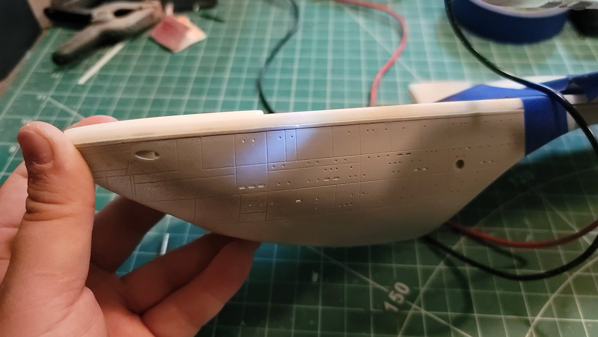 CStarships's tweet photo. 1/650 Excelsior secondary hull pennant spotlight. Sourced from the nacelles using brass tubing sanded flush to the surface. 9v 3mm LED.
#startrek #starship #electronics #scalemodel #lighting #thesearchforspock #excelsior #excelsiorclass #spotlights #scalelighting https://t.co/GeMLhoeKo3