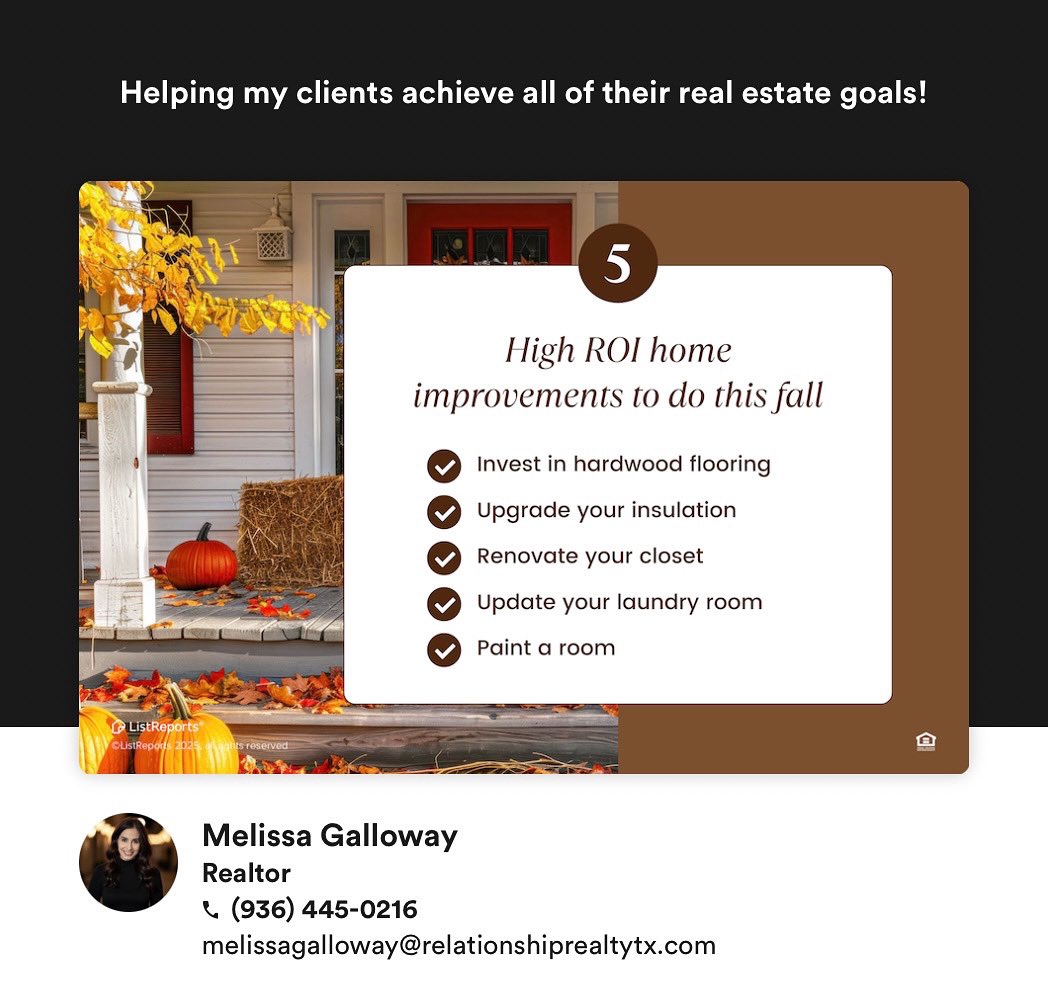 🍂 Looking to turn your current space into a dream home? 🏡 These high-ROI upgrades, from new hardwood floors to a fresh coat of paint, can add value and style to any house. Ready to find a home w/potential or make the most of your current one? Let’s connect today! 936-445-0216