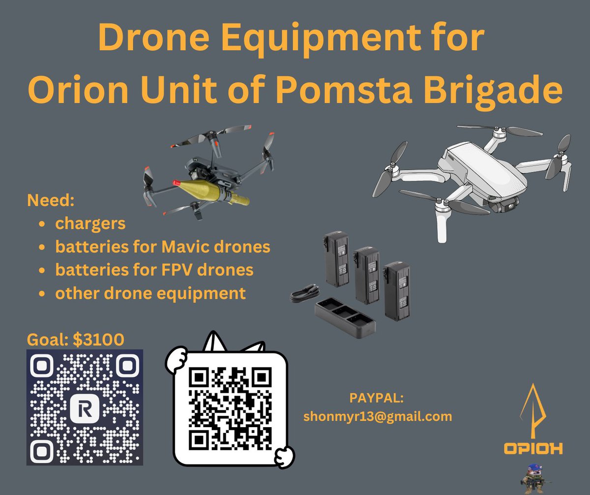 Sean Moore (@pionier_adler) on Twitter photo ‼️Urgent fundraiser‼️
Orion unit of Pomsta brigade urgently needs drone equipment in the Kupiansk direction. Please share and donate if possible!
Collected: ~$1370
Goal: $3100
Donate:
💳: send.monobank.ua/jar/AfV8d9s3tn
PP: shonmyr13@gmail.com
Other: linktr.ee/pionier_adler ‼️Urgent fundraiser‼️
Orion unit of Pomsta brigade urgently needs drone equipment in the Kupiansk direction. Please share and donate if possible!
Collected: ~$1370
Goal: $3100
Donate:
💳: send.monobank.ua/jar/AfV8d9s3tn
PP: shonmyr13@gmail.com
Other: linktr.ee/pionier_adler