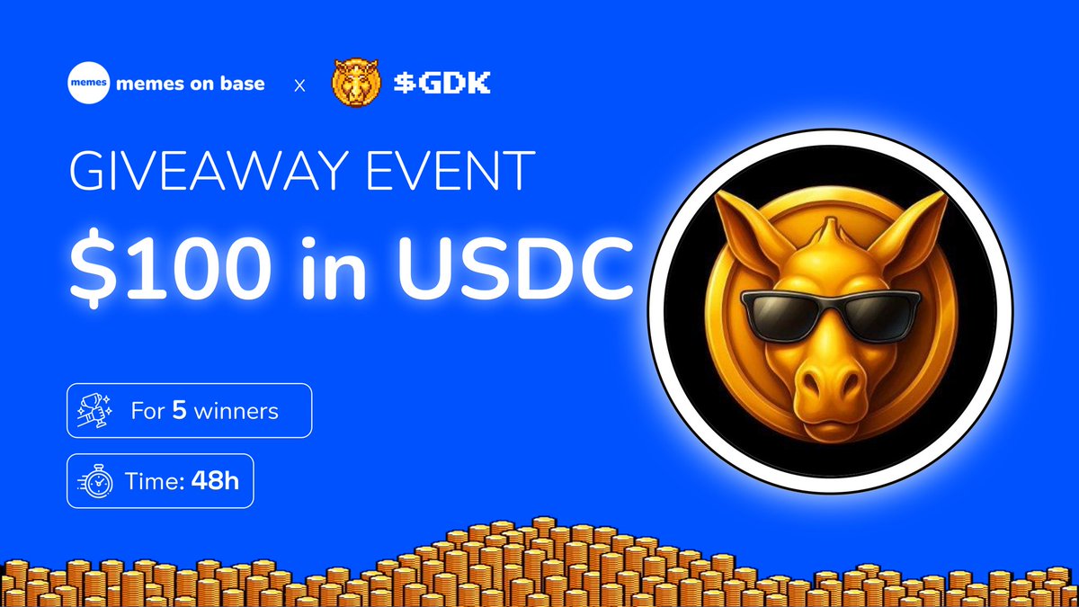 🔊GIVEAWAY EVENT  🤝   
   
🎁 Prize pool for 5 winners   
$100 in USDC
   
✔️ To Enter:   
1️⃣ Follow <a href="/MemesOnBase_/">Memes on Base</a> x <a href="/GoldenDonkeyGDK/">Golden Donkey</a>
2️⃣ ❤️ , Repost
3️⃣ Tag 3 friends
   
⏰ 48h